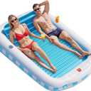 QPAU Inflatable Tanning Pool for Adults, 82"60" Extra Large Tanning Float with Footrest, Removable Pillow, Cushion Base, 2 Cup Holders, Grip Rope  Tanning Pool Float for Backyard, Beach, Pool (Blue&White)