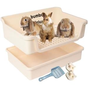 Bumbox Deluxe Rabbit Extra Large Litter Box, Training Rabbit Cage with Toilet Tray for Hamster, Bunny, Ferret, Small and Large Animal, 21.45in (Cream)