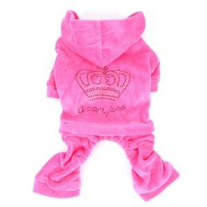 Rhinestone Crown Soft Velvet Dog Hoodie Jumpsuit for Dog Cat Puppy Winter Hooded Pajamas Tracksuit Outfits Pink 