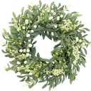 Sggvecsy Artificial Eucalyptus Wreath for Front Door 21 Inch with Greenery Leaves Green White Berries Silk Dollar Leaves for Spring Summer Farmhouse Window Porch Wall Home Indoor Outdoor Decor