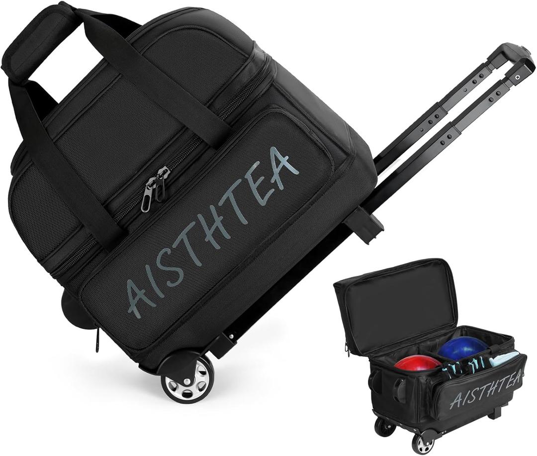 Bowling Ball Bag with Wheels, 2 Ball Trolley Bowling Bags with Large Separate Shoe Compartment and Oversized Accessory Pocket