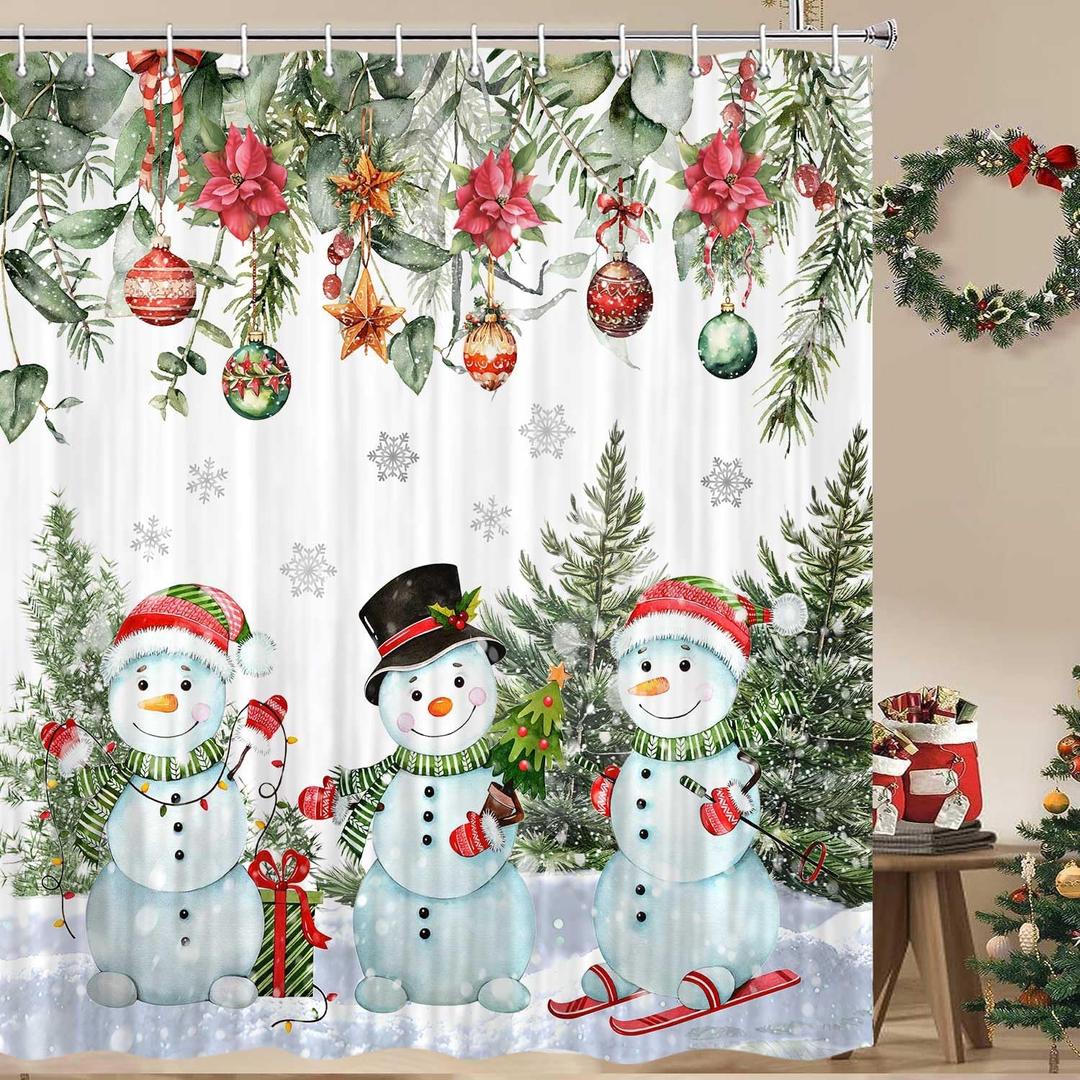 JAWO Winter Snowman Shower Curtain Winter Snow Scene Xmas Shower Curtain Christmas Holiday Shower Curtains Bathtub Decor with 12 Hooks 72 X 72 Inches