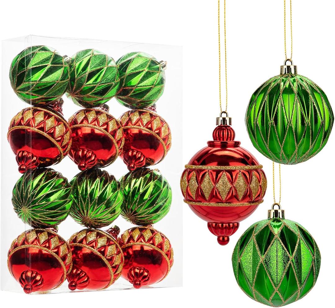 12 PCS Large Christmas Ball Ornaments Set for Tree Shatterproof, Red and Green Christmas Tree Decorations Balls, Assorted Plastic Ornaments for Wedding Party Garland, Decorative Balls
