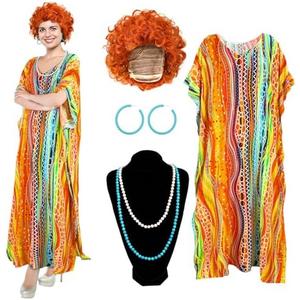 Croloose 5 Pcs Halloween Women Landlady Costume Set with Print Caftan Dress Curly Wig Bead Necklace Earring for Cosplay Party