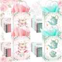 24 Pcs Tea Party Gift Bags with Tissue Paper Floral Teapot Goodie Treat Bags with Handles Tea Party Decorations for Wedding Baby Shower Birthday Favors Supplies, Pink and Green