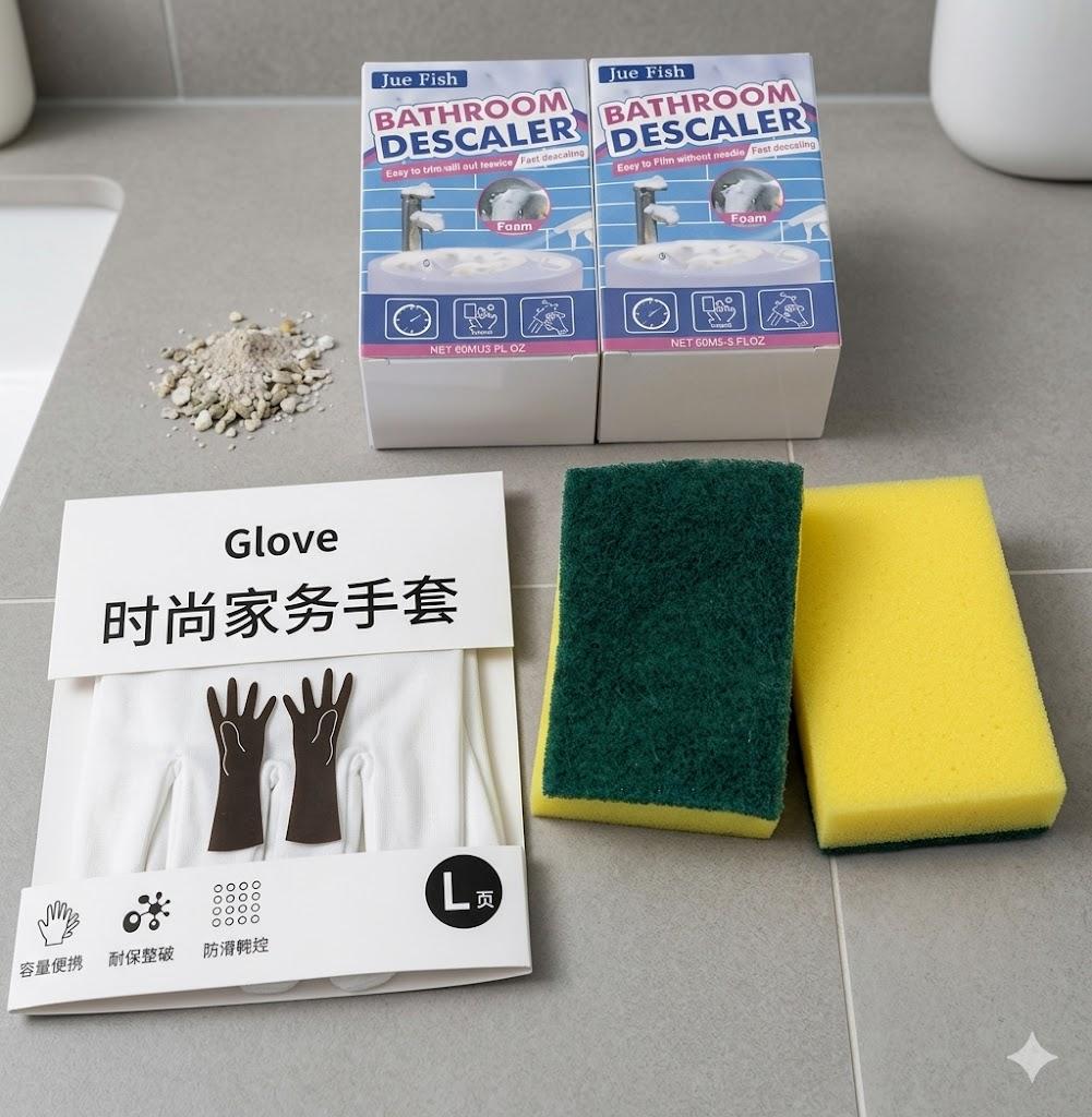 Bathroom Descaler Foam Spray 2pcs, Gloves Large, and 2 Sponge