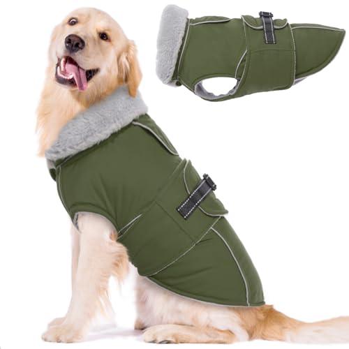 Lelepet Warm Dog Coat Reflective Fleece Vest Waterproof Dog Jacket with Adjustable Buckle Hook & Loop Windproof Cold Weather Coats for Small Medium Large Dogs, Army Green, XL