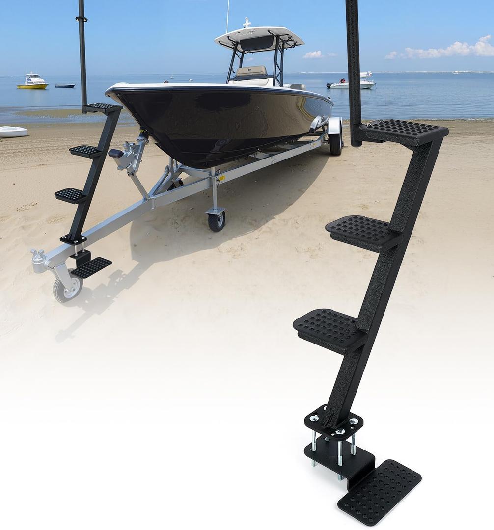 Heavy-Duty Boat Trailer Steps with Safety Grab Handle, Non-Slip Surface, Trailers Tongue Step Compatible with Most Deep V, Patent Pending, 4 Steps