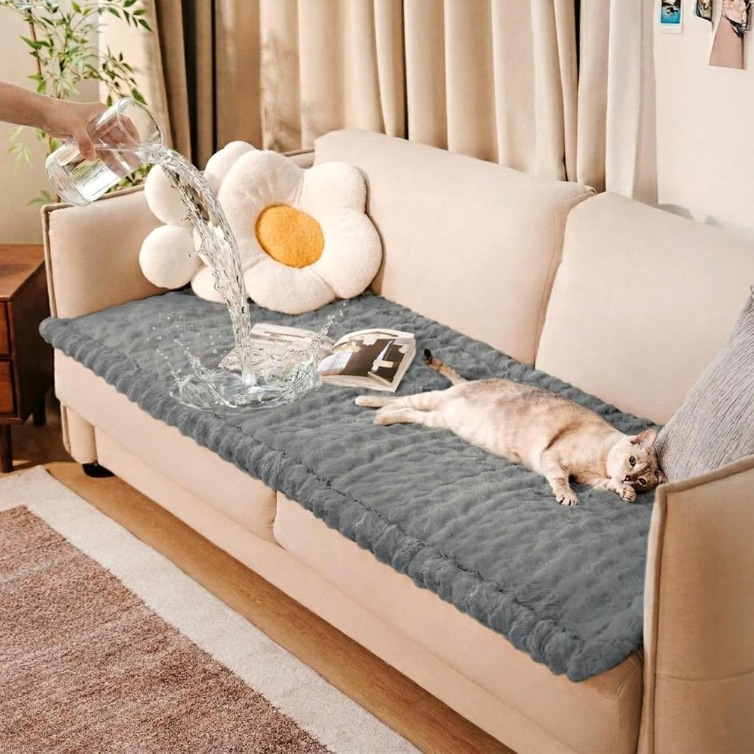 FUNNY FUZZY Pet Couch Cover for Sofa, Thick Waterproof Couch Cover for Dogs Washable, Water Resistant Pet Friendly Faux Fur Pad Soft Bed Mat Non Slip for Couches and Sofas, Grey, 27.6"x59.1"