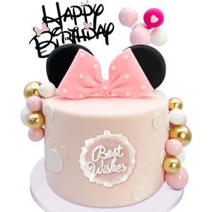 20Pcs Mouse Birthday Cake Topper with Bows and Ears Happy Birthday Party Baby Shower Decorations Supplies (Pink)