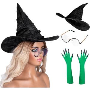 MORTICIA Witch Costume Accessories Hat Glasses Green Gloves Green and Black Striped Socks Halloween Witch Cosplay Decorations