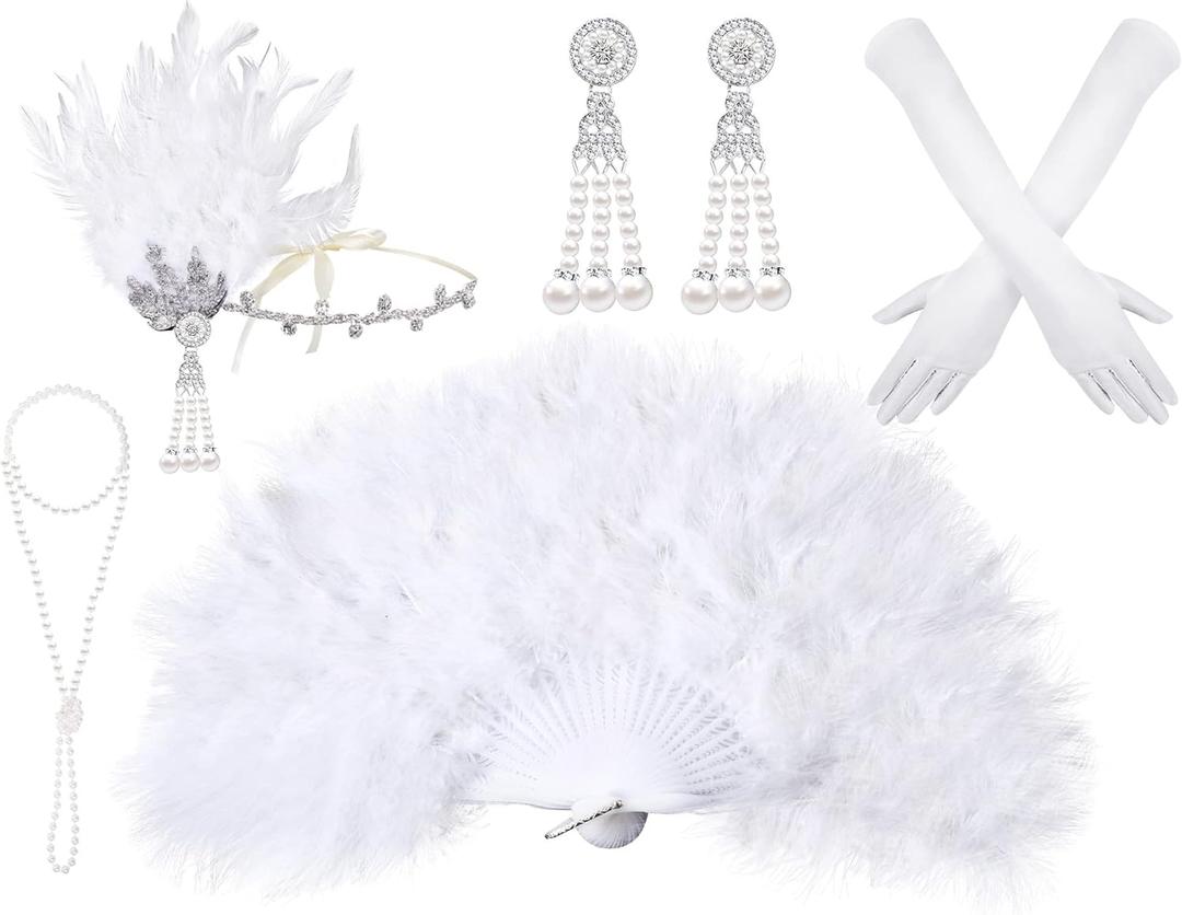 1920s Flapper Costume Accessories Set for Women 20s Headpiece Earrings Gloves Holder Pearl Necklace and Feather Fan (Elegant Style) Black, White