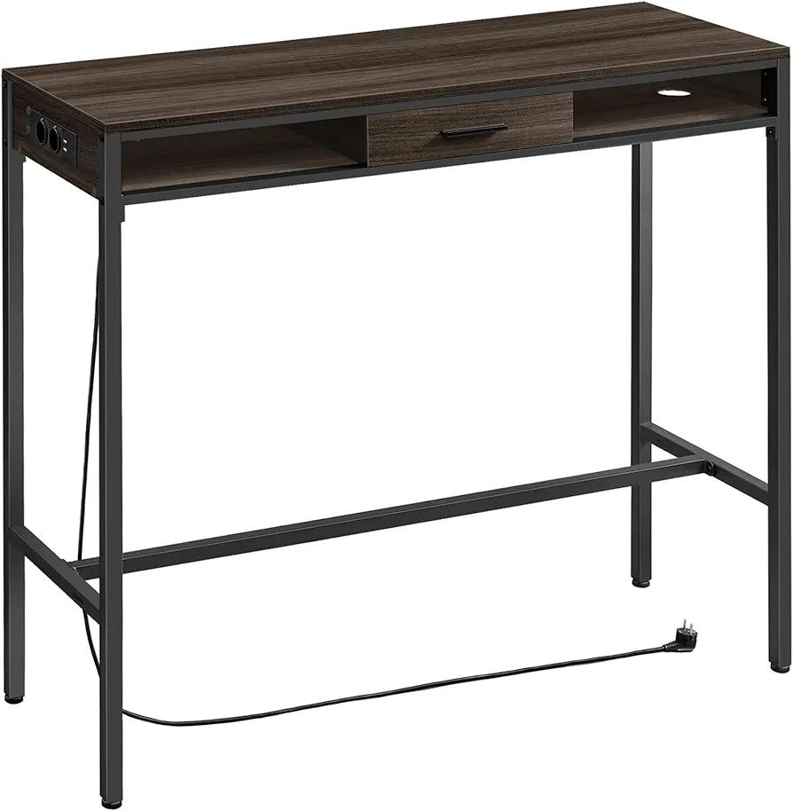 VASAGLE Bar Table, Pub Table with Power Strip and Removable Drawer, Non-Woven Fabric, Hooks, 40 x 120 x 105 cm, Ash Brown LBT029K02