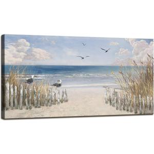 XXMWallArt FC3750 Sandy Beach Wall Art Canvas Print Wall Art Seascape Blue Print Painting Abstract Coastal Picture Modern Ocean Artwork for Living Room Bedroom Bathroom Office Wall Decor, 40"L x 20"W