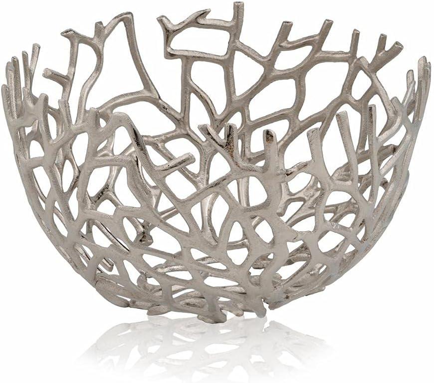 Modern Day Accents 5802 Rama Twigs Round Bowl, Silver, Fruit Bowl, Holds Spheres or Decorative Balls Fillers, Large Bowl, Home Decor, Room Decor, Office Decor, Tabletop Centerpiece, 14" W x 8.5H