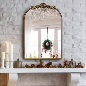 Ornate Baroque Vintage Gold Arched Wall Mirror 19"x27"  Antique Brass Vertical Decorative Mirror with Full Metal Frame, Ideal for Bedroom, Bathroom, Entryway, or Hallway
