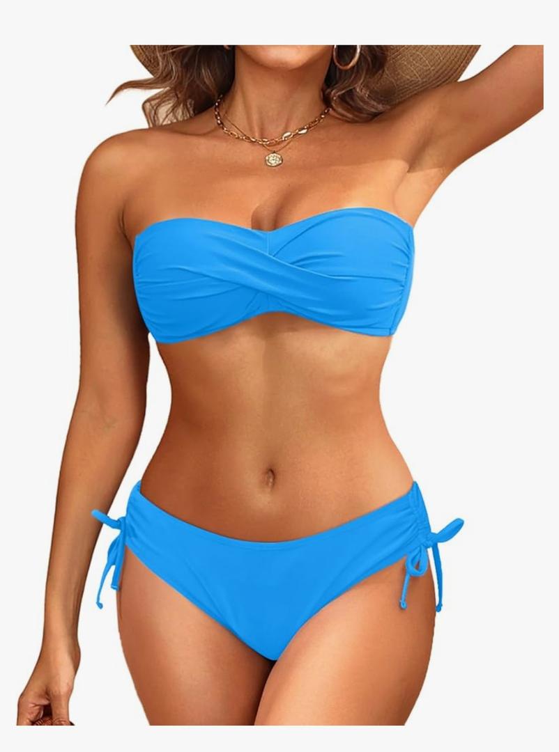 Women's Strapless Bandeau Bikini Set - Twist Front Two Piece Swimsuit Top with Side Tie Bathing Suit Bottom, Large Size