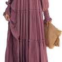 R.Vivimos Maxi Dress for Women Long Sleeve V Neck Empire Waist Layered Ruffle Boho Casual Flowy Long Dresses (Small)