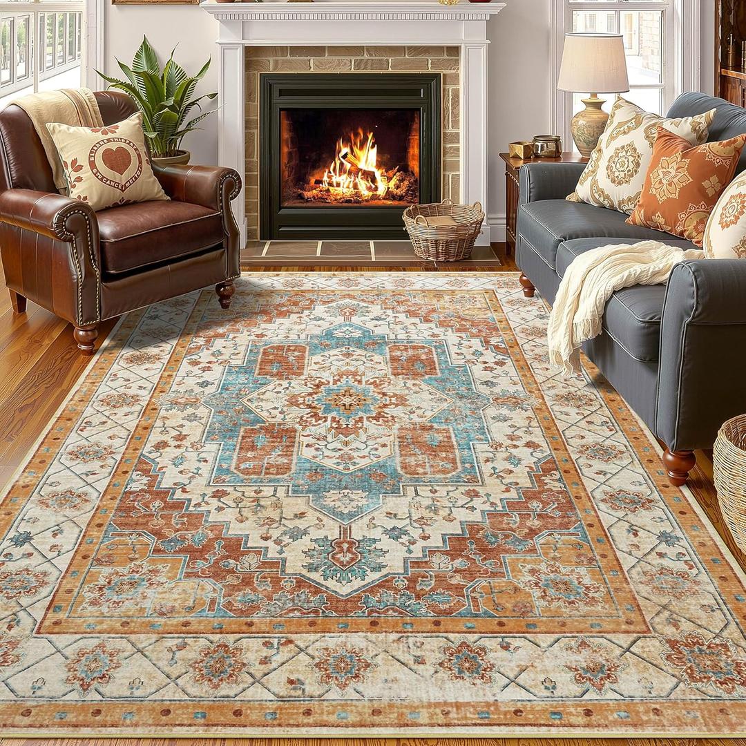 YJ.GWL Area Rugs for Living Room 4x6 Machine Washable Rugs for Bedroom, Non Slip Floral Vintage Rug Indoor Carpet, Stain Resistant Throw Rug for Dining Room Kitchen, Brick Orange