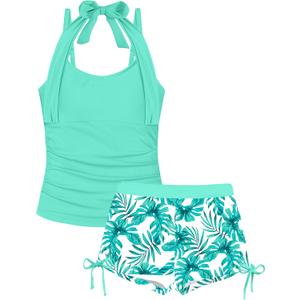 Girls Swimsuit 2 Piece Halterneck Girls Tankini Swimsuit Drawstring Printed Swim Shorts Girl Bathing Suit for 7-16T (13-14 Years, Light Green)