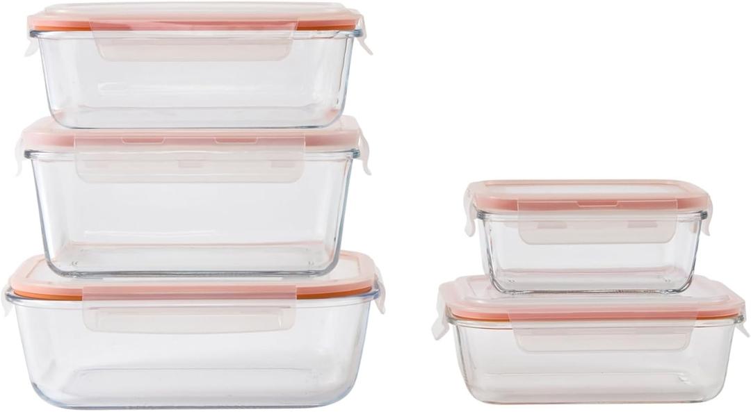IMUSA Glass Food Storage Containers with Lids, 10 Piece Set Borosilicate Glass Meal Prep Containers Oven Microwave Freezer Safe Airtight and Leakproof