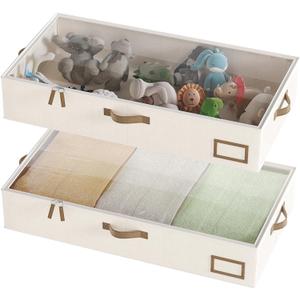 Under Bed Storage, Under Bed Storage Containers Bins for Clothes, Large Linen Underbed Closet Organization Bins, 2 Pack Collapsible Underbed Bin Dorm for Clothes, Sweater, Beige (33"L x 17"W x 6"H)