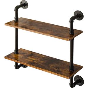 YMYNY Industrial Pipe Shelf Bracket, 2 Tiers Retro Wall Mounted Floating Shelf, Wood DIY Bookshelf, Storage Shelves for Living Room, Bedroom, 24" Farmhouse Bathroom Shelving, HD-UHRF-TM004