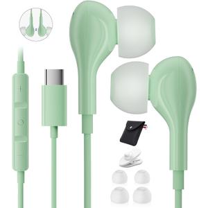 Wired Headphones USB C for for Samsung S26 S25 Ultra A17 A16 S24 S23 in Ear USB-C Headphones Wired with Microphone Volume Control Type C Headphones iPhone 16 Pro Max iPad mini Xiaomi Pixel Green