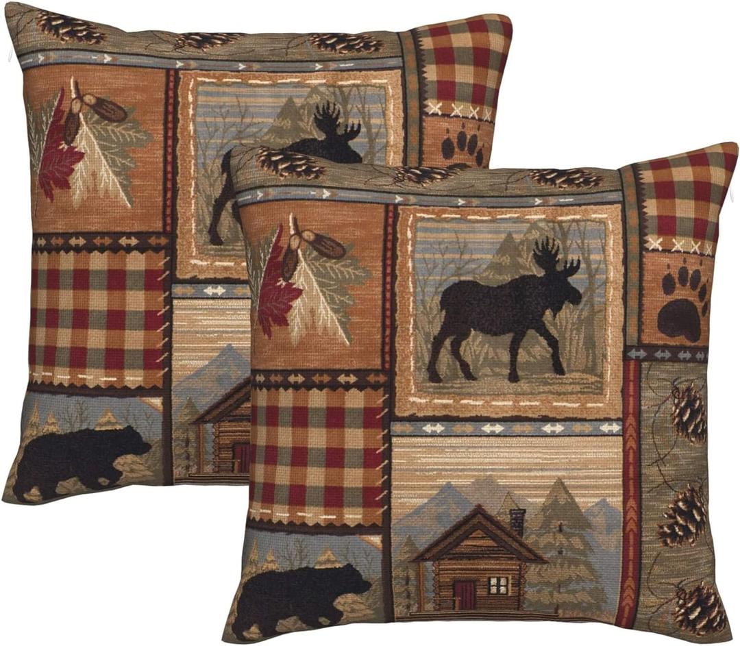 Set of 2 Square 18x18 inch Retro Brown Throw Pillow Covers Rustic Lodge Bear Moose Decorative Throw Pillowcase for Home Sofa Thick Cotton Linen Cushion Cases (45x45 cm), Moosebear 