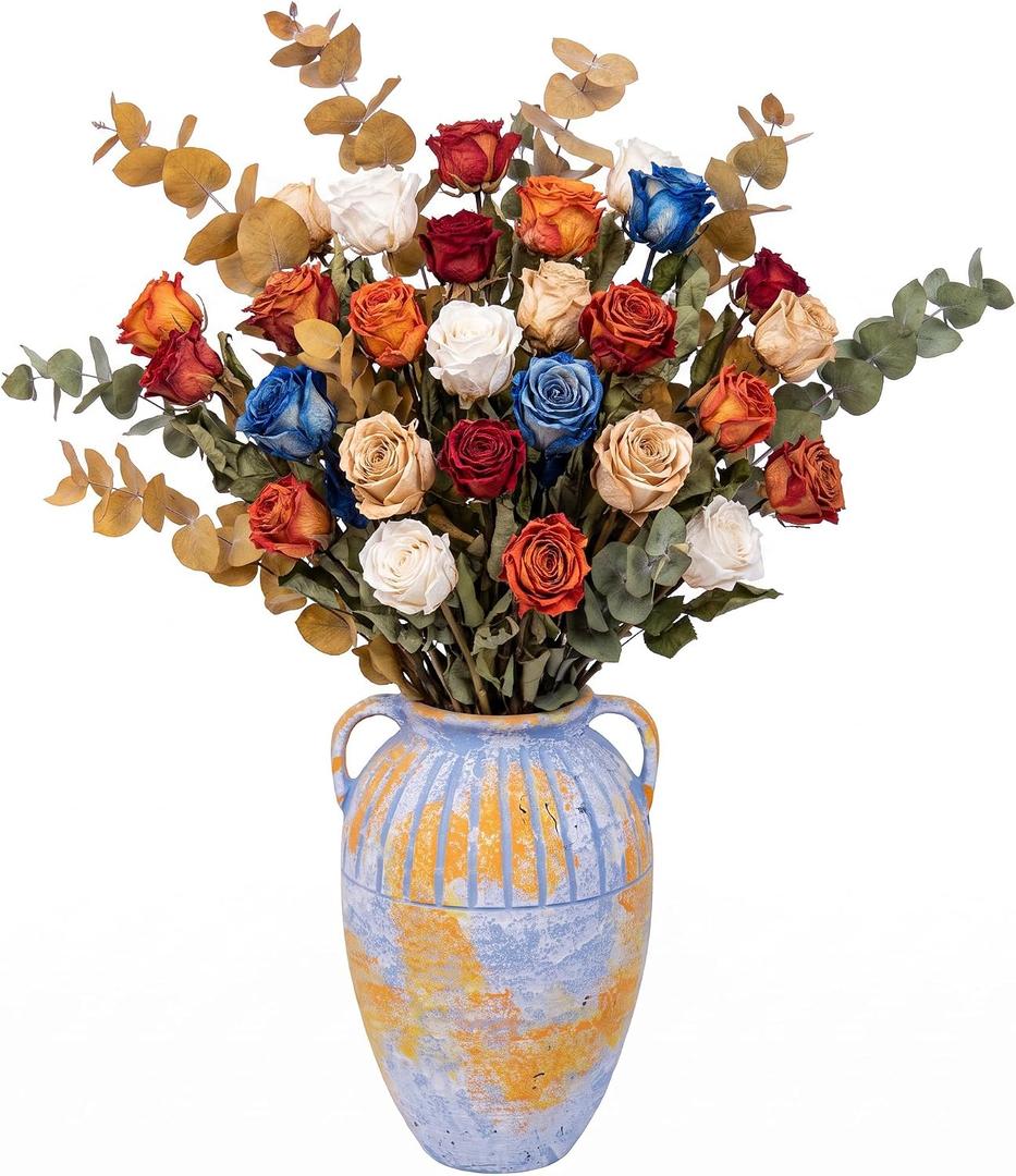 13 Inch Handcrafted Retro Ceramic Table Vase, Aged Rustic Clay Decor, Multi-Color Block Coating, Waterproof Slim Neck, for Dining Table Fireplace Shelf Decor