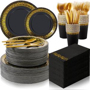 700 Pcs Disposable Dinnerware Set for 100 Guests Include 200 Paper Plates, 300 Plastic Silverware, 100 Paper Cups, 100 Napkins for Wedding Birthday Party Supplies (Black Gold Pattern)