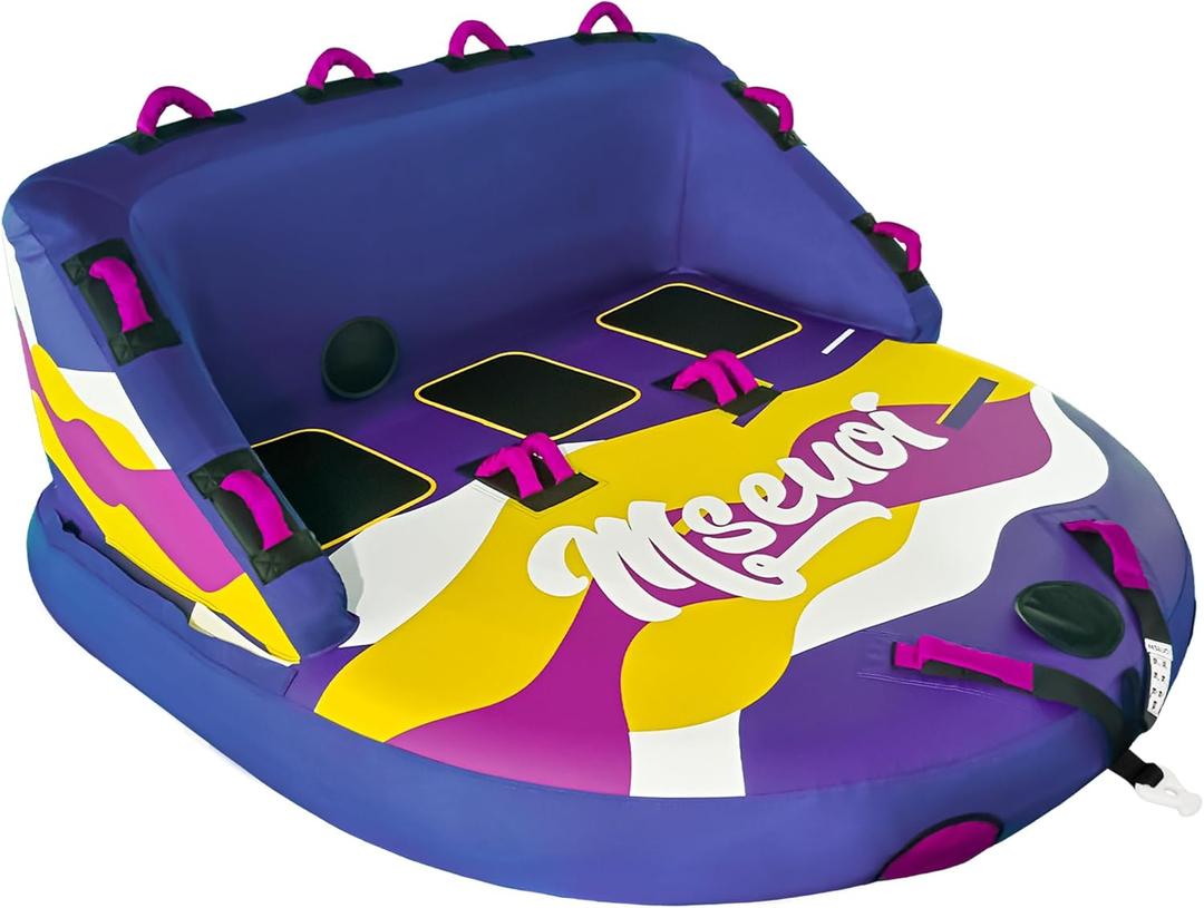 Inflatable Water Towable Tube for Boats Heavy-Duty 1-3 Rider Tow Tube with Reinforced Handles, Quick-Connect Tow Rope, Rapid Air Valve (Bright Blue Mutil, 3)