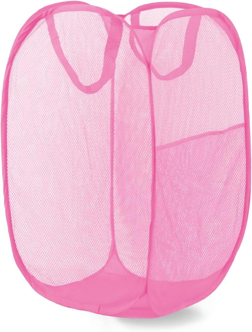 Pop Up Laundry Hamper, Mesh Laundry Basket Collapsible, Foldable Hamper for Travel and Storage (Pink)