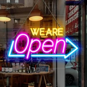 WE ARE OPEN Neon Sign for Business Window, RGB Color Changing Flow Open Led Sign with App Remote Control Music Syncing, Colorful Dimmable Light up Sign for Bar Salon Shop Club Restaurant Wall Decor