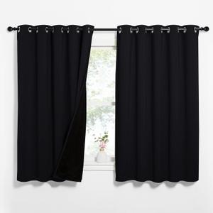 NICETOWN Complete 100% Blackout Curtains, Thermal Insulated & Energy Efficiency Window Draperies with Black Liner, Noise Reducing Short Curtains for Kids Room (Black, 62-inch W by 63-inch L, 2 Panels)