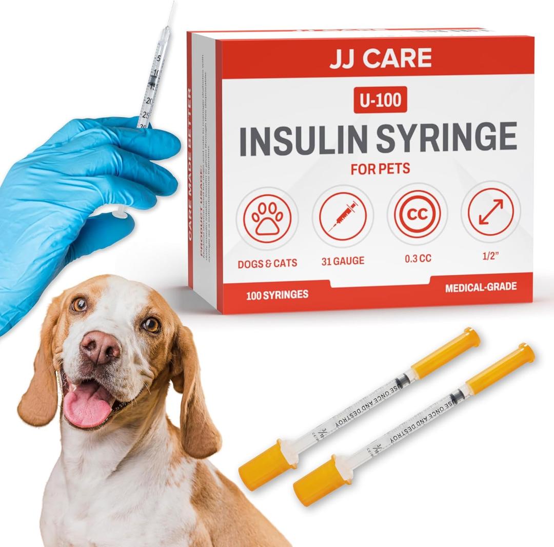JJ CARE Insulin Syringe for Pets (Pack of 100) 31g 3/10cc 1/2, U-100 Pet; Accurate Dosing Pet Syringes with Needle, Half Unit Markings Syringes for Cats and Dogs