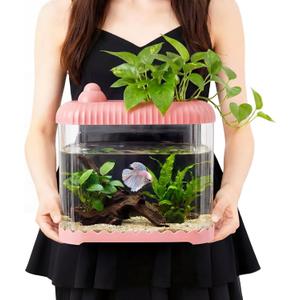 Geelin Pink 2 Gallon Plastic Aquaponic Betta Fish Tank Large Bowl Shatterproof Small Ecosystem Aquarium with Secure Buckle Lid, Clear Clarity for Terrarium, Flower Vase Betta Fish Tabletop Gifts