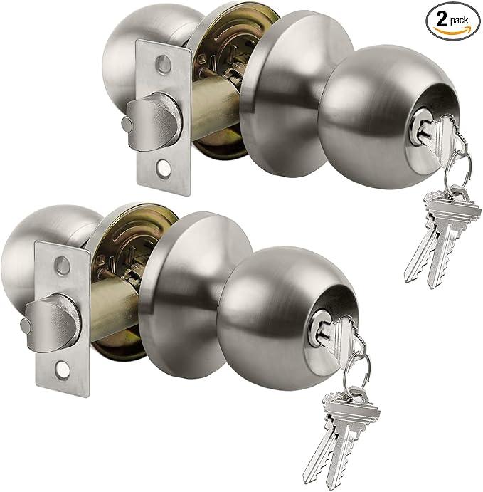 BESTTEN [2 Pack] Entry Door Knob with Lock, Keyed Different Door Lock for Exterior Door and Front Door, Standard Ball, Satin Nickel