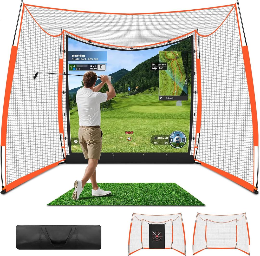 ORIENEGAR Golf Simulator Cage with HD Impact Screen & Target Practice Cloth, 11x8x5 FT, Golf Hitting Net Cage for Indoor Outdoor Home Use, Garage Backyard Practice Cage