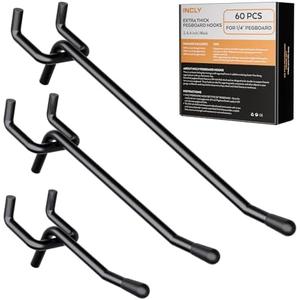 INCLY 60 Pack 2/4/6 Inch Black Pegboard Hooks, 1/4" Heavy Duty Peg Board Shelving Hooks Accessories, Peg Board Tool Hangers Fit for 1/4" Pegboard Hanging Tools Garage, Craft Organizing, Kitchen, Store