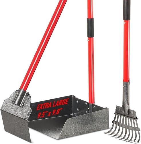 Pawler Pooper Scooper for Large Dogs, Small Dogs and Horses, Metal Poop Scooper Set with Long Handle Rake, Spade and Tray for Yard, Grass, Dirt or Gravel, Heavy Duty Aluminum Poop Picker Upper