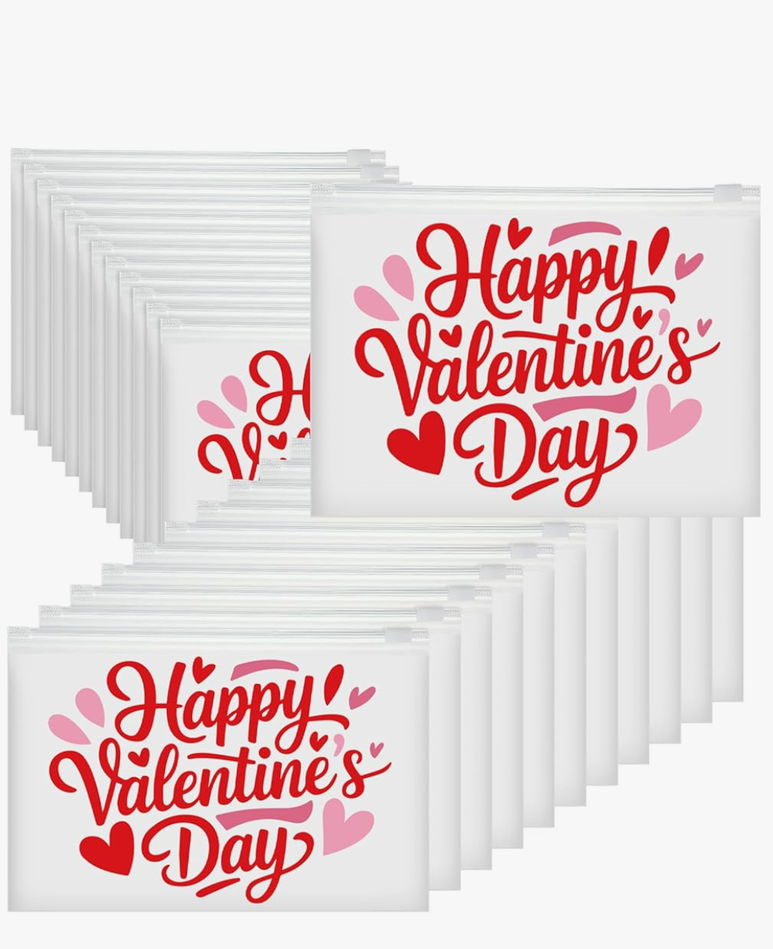 Kacctyen 100 Pack Happy Valentine's Day EVA Bags Bulk Galentine Reusable Clear Teacher Women Gift Pouches with Zipper Waterproof Bag for Candy Jewelry Bestie Galentine Gang Squad Party Supplies