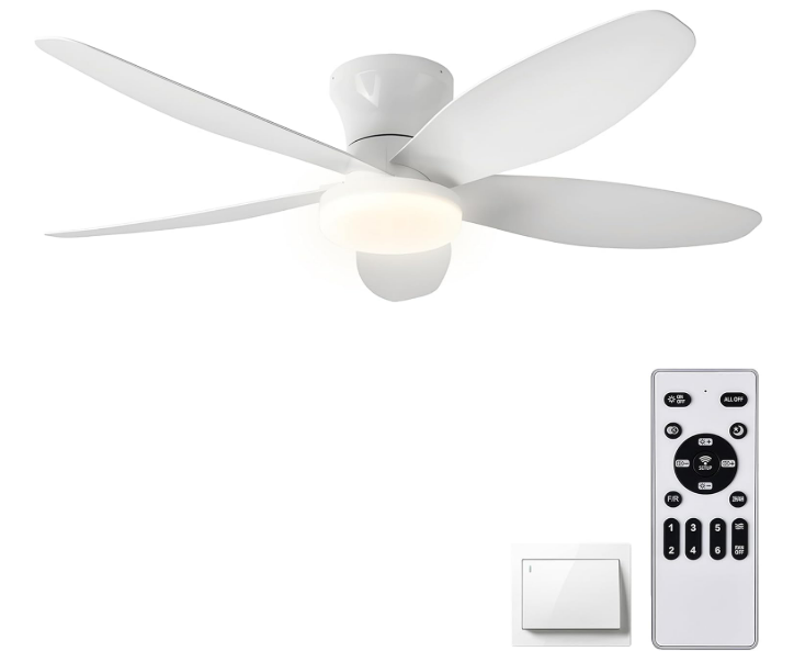 42" Low Profile Flush Mount Ceiling Fan with Lights & Remote, Dimmable 3-Color LED, 6 speed wind, Reversible DC Motor,Timer, Memory Function - Quiet Bedroom & Patio Fan for Indoor/Outdoor Use (White)