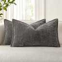 decorUhome Chenille Soft Throw Pillow Covers 12x20 Set of 2, Lumbar Velvet Farmhouse Neutral Decorative Pillow Covers with Stitched Edge for Couch Sofa Bed Home Decor, Dark Grey