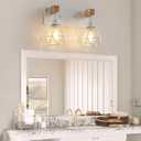 Farmhouse Vanity Light for Bathroom, 2-Light White Wood Bathroom Vanity Light Fixtures Over Mirror, Rustic Sconces Wall Lighting with Metal Lampshade for Living Room, Bedroom, Hallway