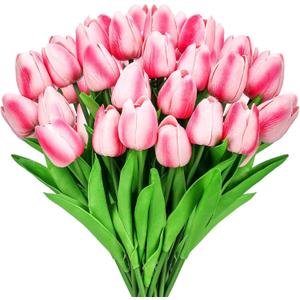 Lyrow 30 Pcs Tulips Artificial Bouquet Flowers Faux Tulips for Home Kitchen Wedding Decorations,Gift Idea for Easter Decor Mother's Day Birthdays(Rose Red)