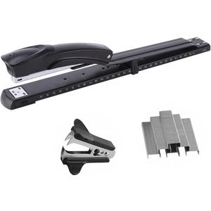 Long Reach Stapler,with 2000 Staples & Stapler Remover Full Strip，20-25 Sheet Capacity,with Built-in Ruler and Adjustable Locking Paper Guide, Black