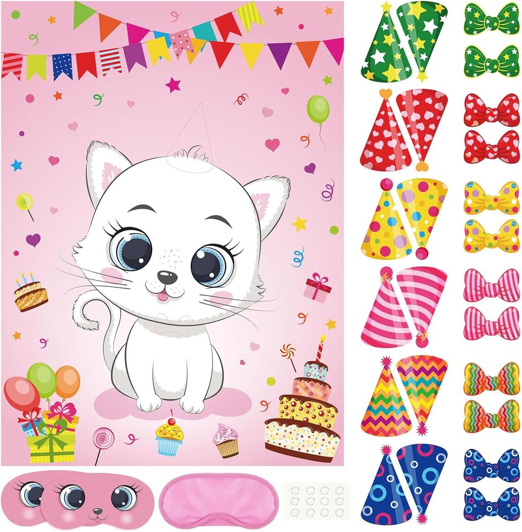 PLULON Cat Party Game for Kids Pin The Hat Bow Tie on The Cat Birthday Game Poster for Boy Girl Birthday Summer Party Favors Wall Decorations Classroom Activities