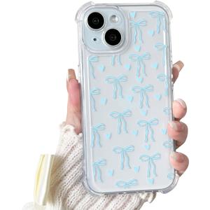 Lovmooful Compatible for iPhone 15 Plus Case Clear Cute Bowknot Heart with Four Corners Shockproof Design for Girls Women Soft TPU More Protective Girly for iPhone 15 Plus Case-Blue Bow