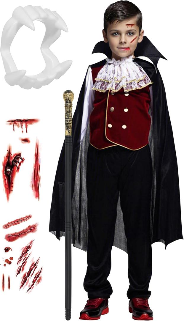 Kids Boys Halloween Vampire Costume Child Vampire Noble Dracula Role Play Dress Up Cosplay Party Clothes (4-6 Years, Black Set)